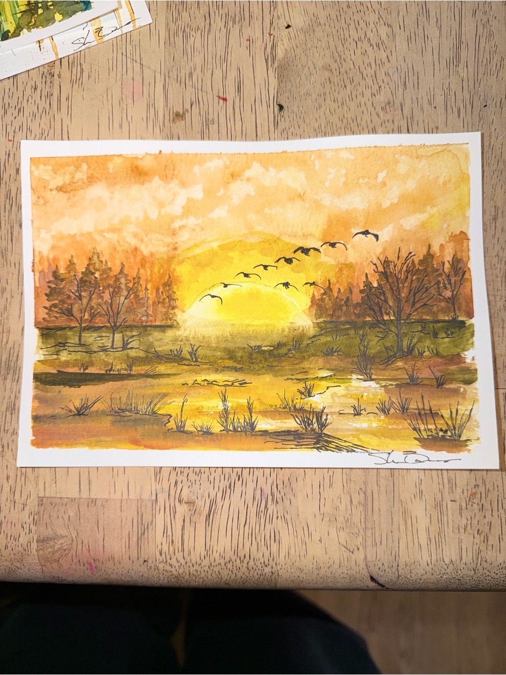 Sunset Marsh Watercolor Art Print in Orange and Yellow